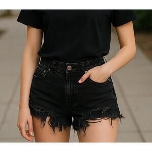 Zara High Rise Distressed Black Denim Shorts Womens 4 Cut Off Frayed